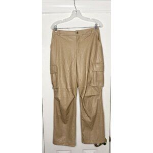 7‎ For All Mankind Women’s Faux Leather High Rise Straight Cargo Pants Tan S New